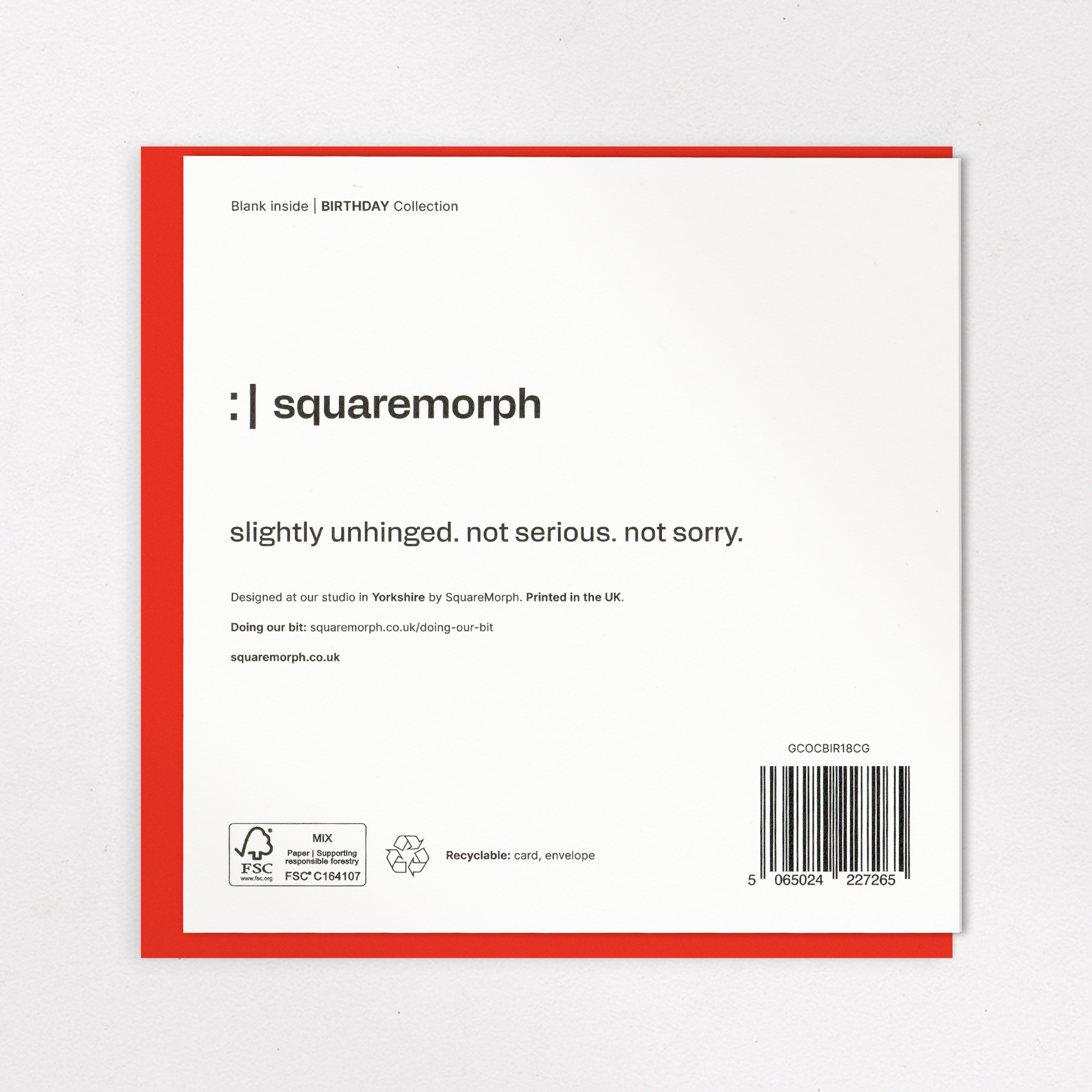 Eighteen - Funny 18th Birthday Card, the back of the card, showing the barcode and FSC mark.