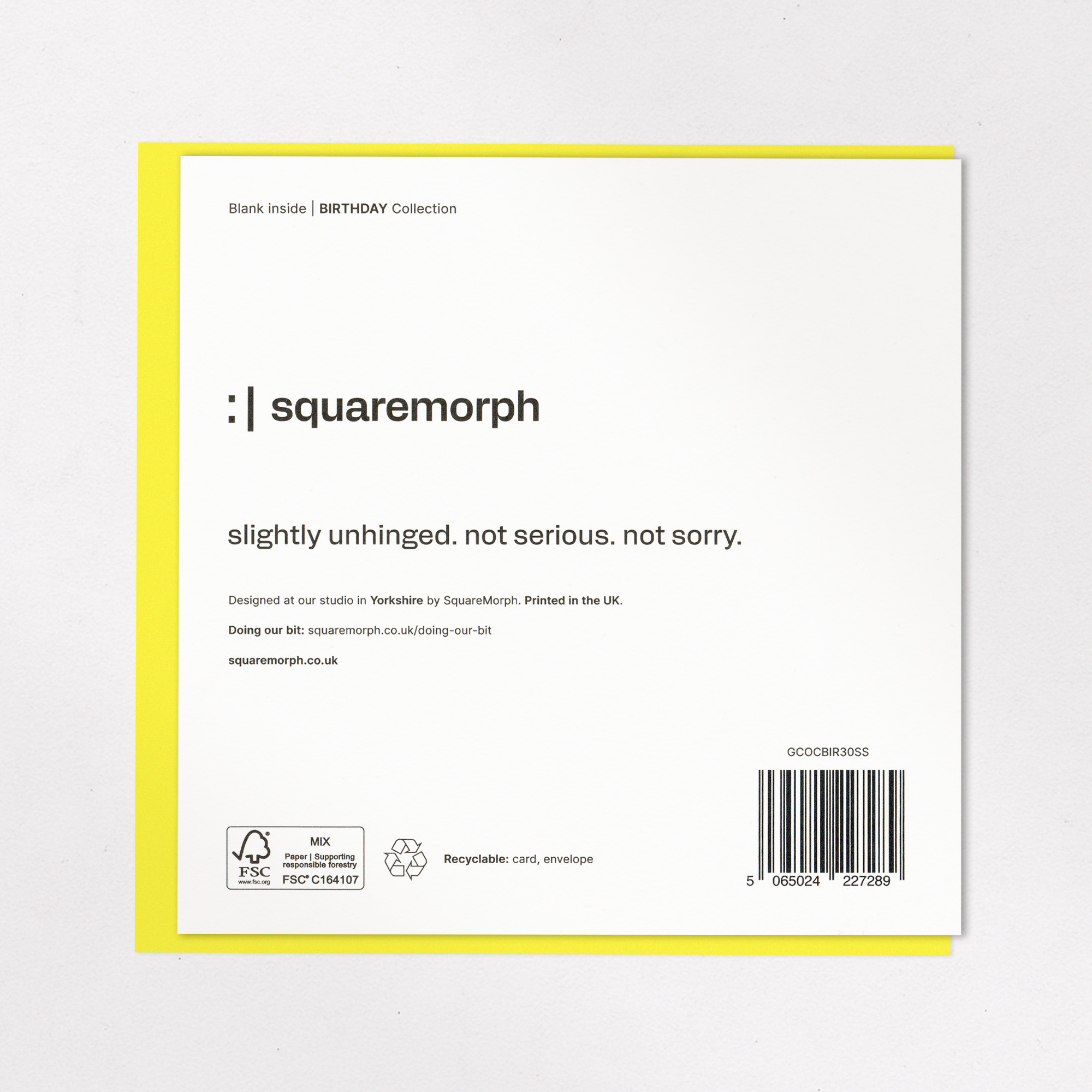 Funny 30th Birthday Card - Can't Get Away With It Anymore, the back of the card, showing the barcode and FSC mark.