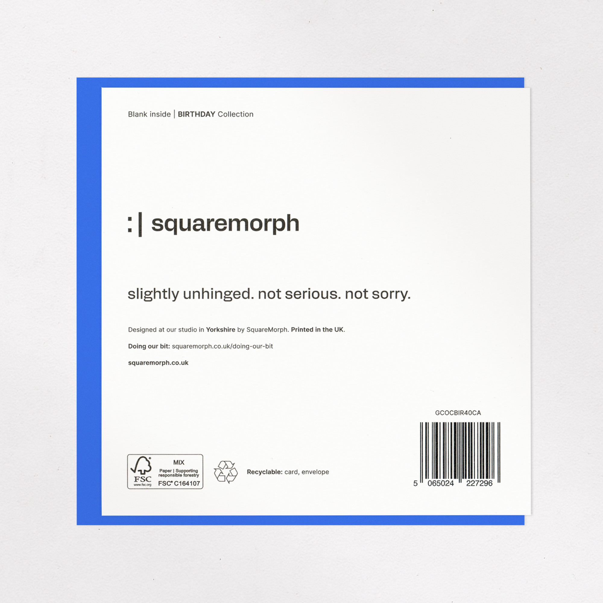 Funny 40th Birthday Card - Certified Adult, the back of the card, showing the barcode and FSC mark.