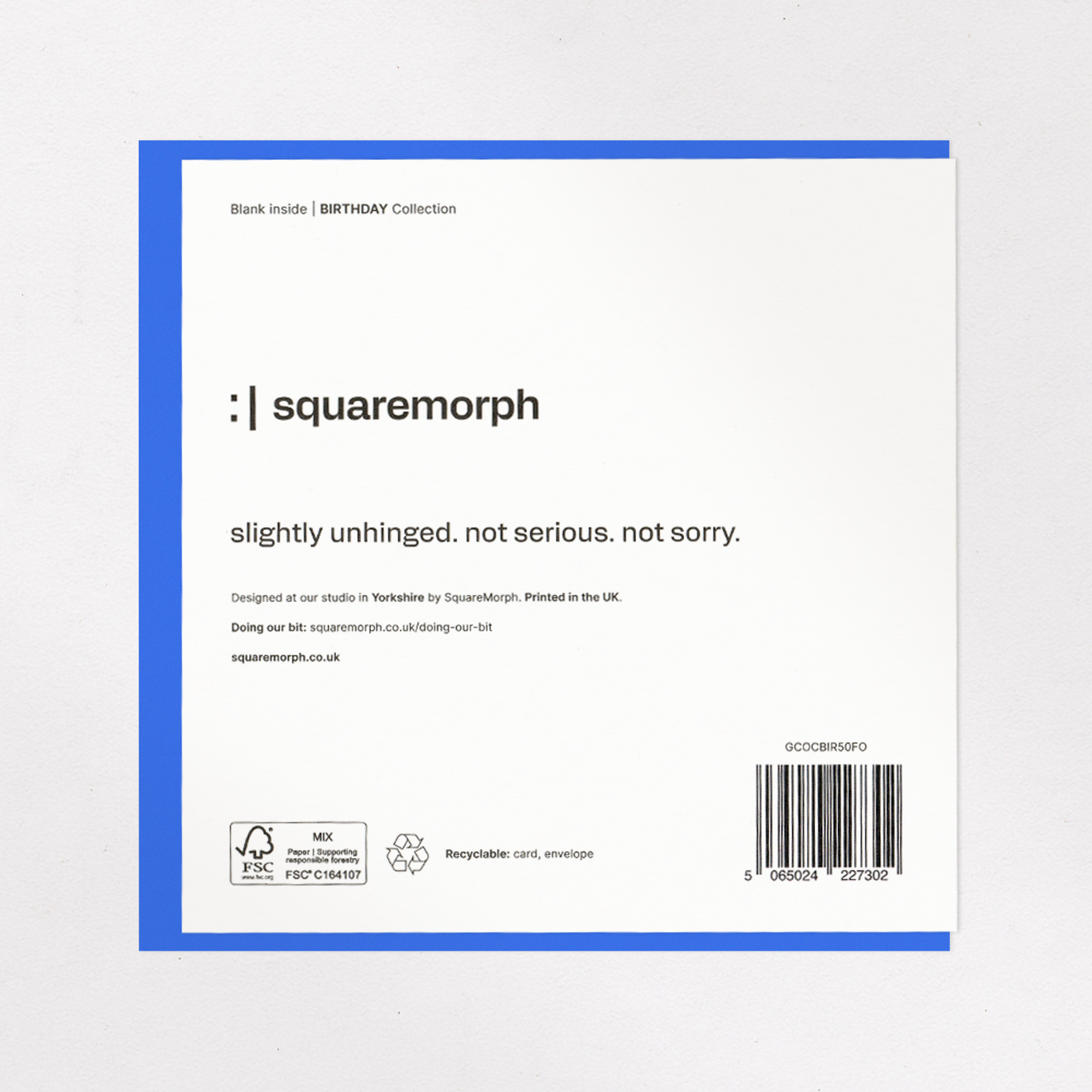 Funny 50th Birthday Card - Not Feeling Old Yet, the back of the card, showing the barcode and FSC mark.