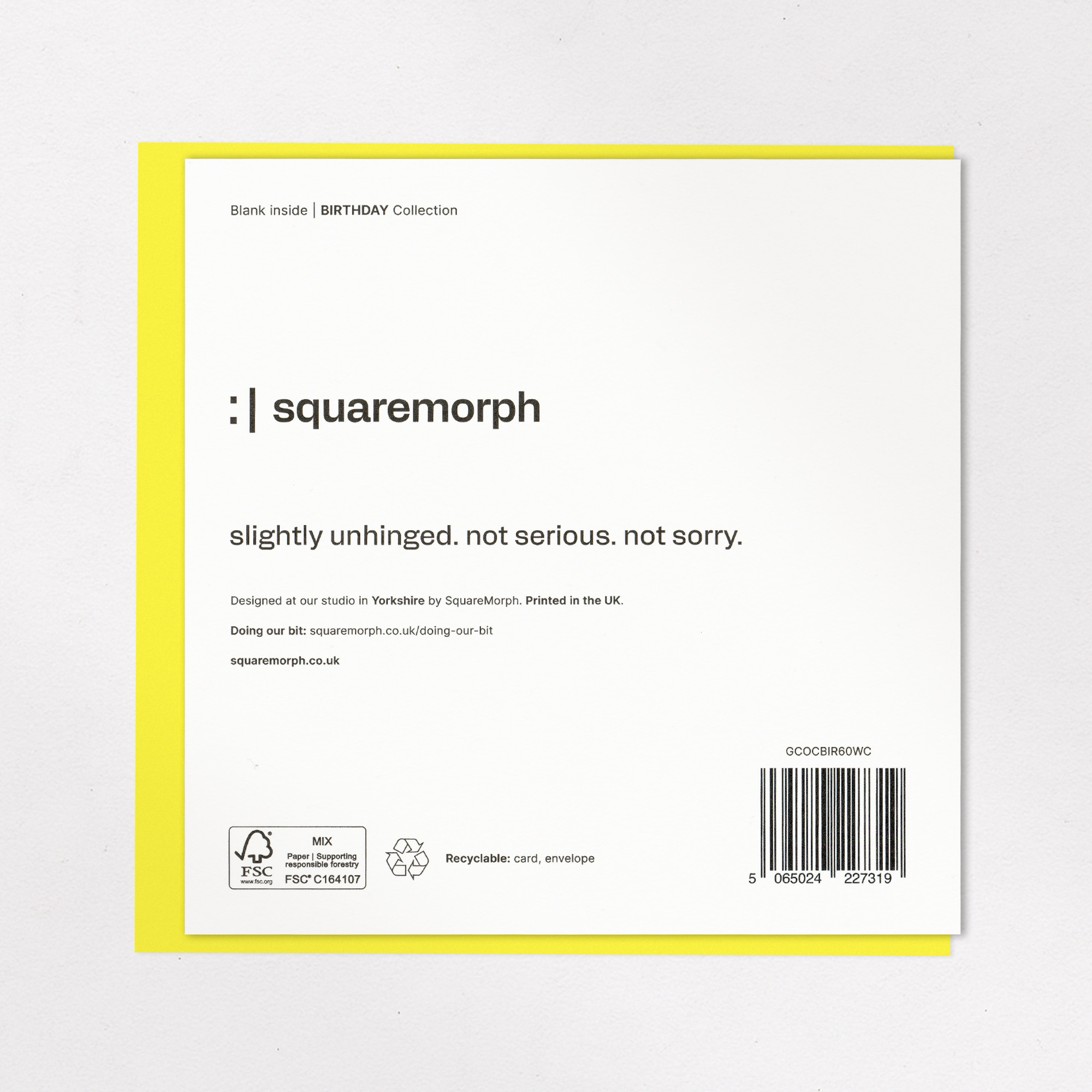 Funny 60th Birthday Card - Just Getting Started, the back of the card, showing the barcode and FSC mark.
