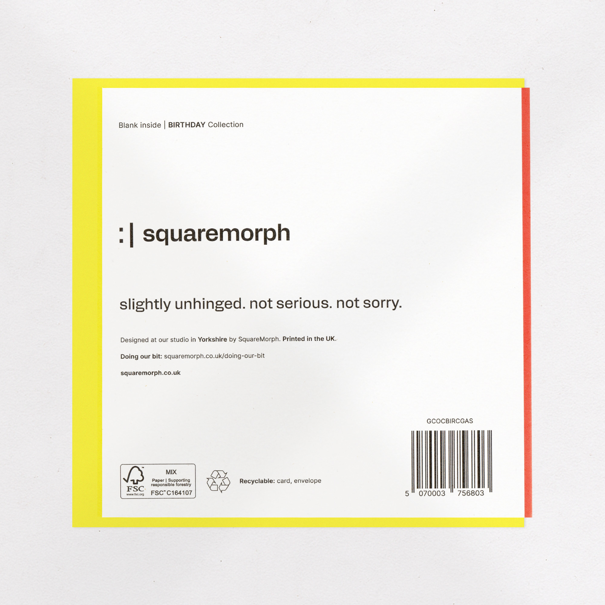 The Don't-Care Era - Funny Birthday Card, the back of the card, showing the barcode and FSC mark.