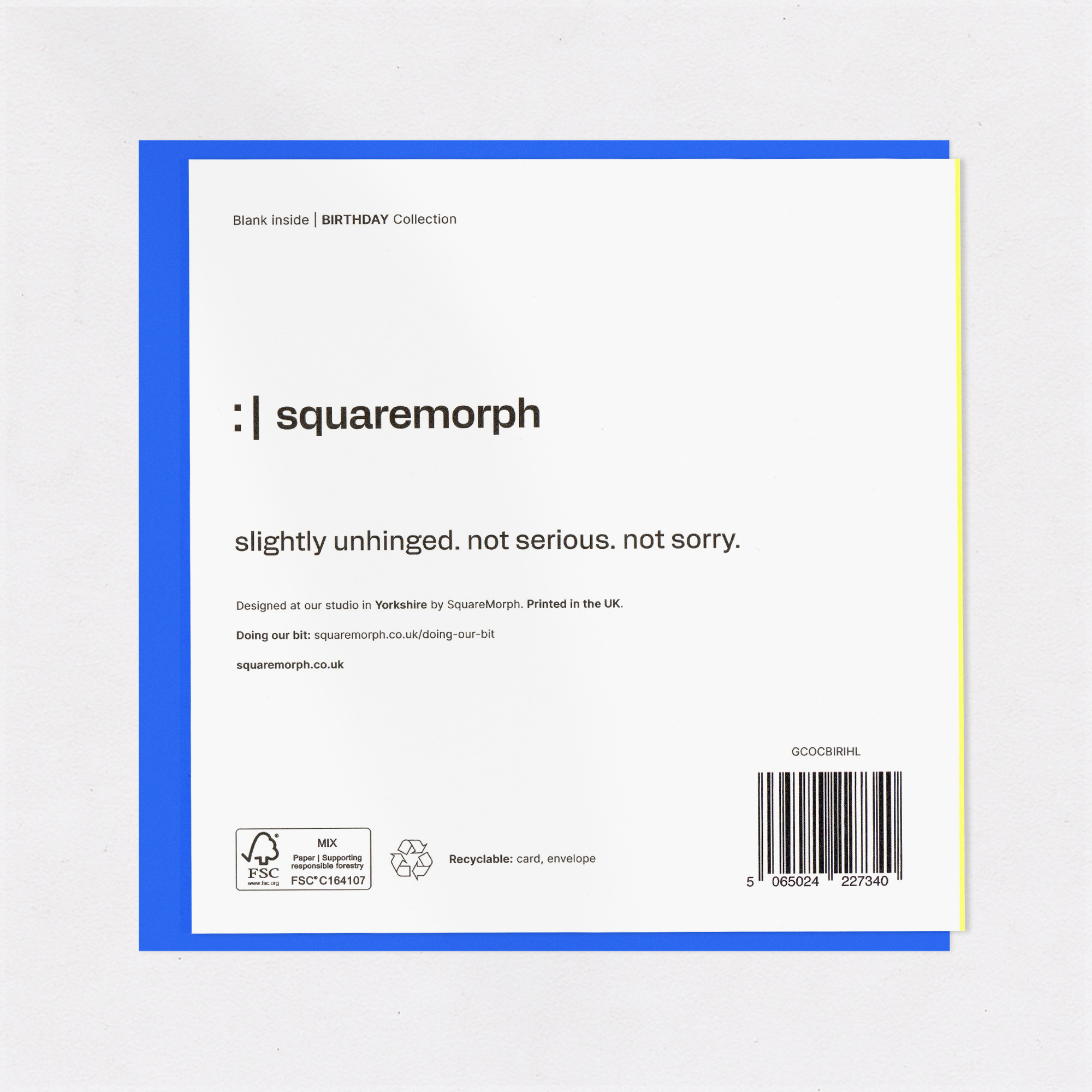 Impossible to Buy For - Funny Birthday Card, the back of the card, showing the barcode and FSC mark.