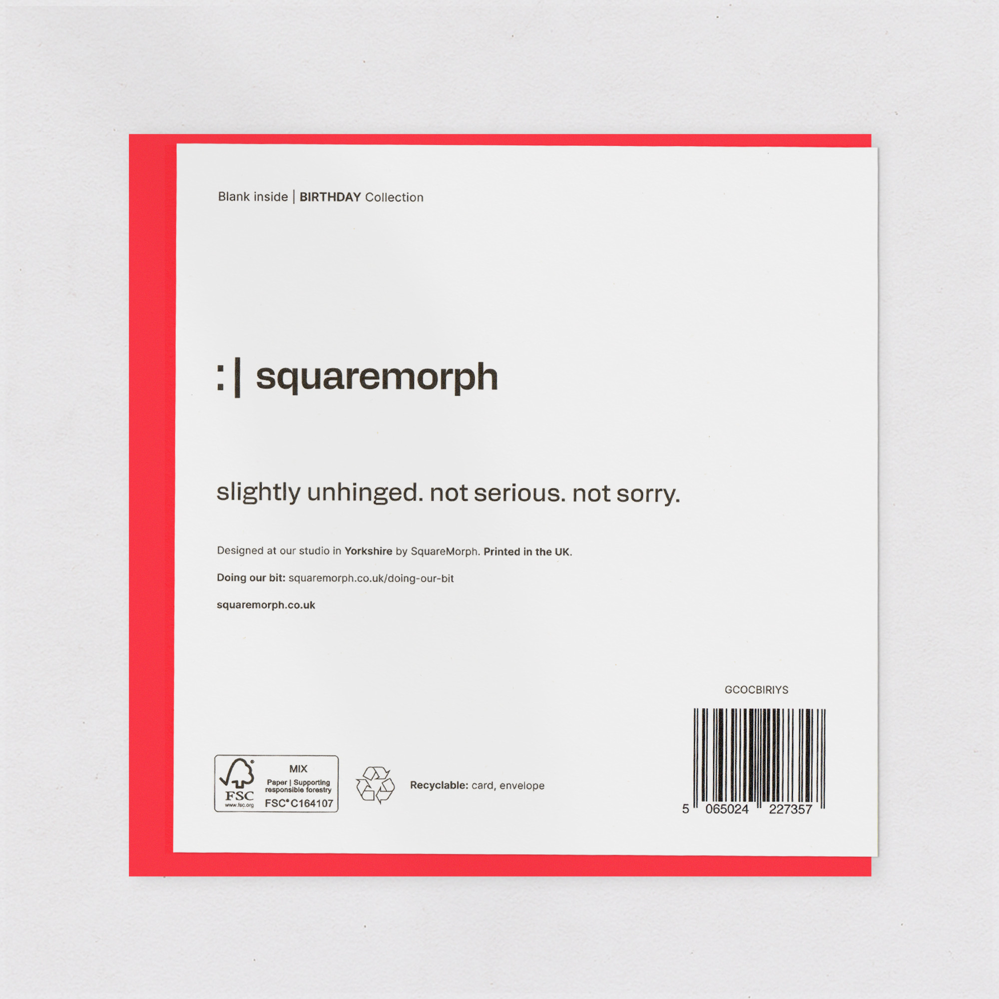 Injured Yourself Sleeping - Funny Ageing Birthday Card, the back of the card, showing the barcode and FSC mark.
