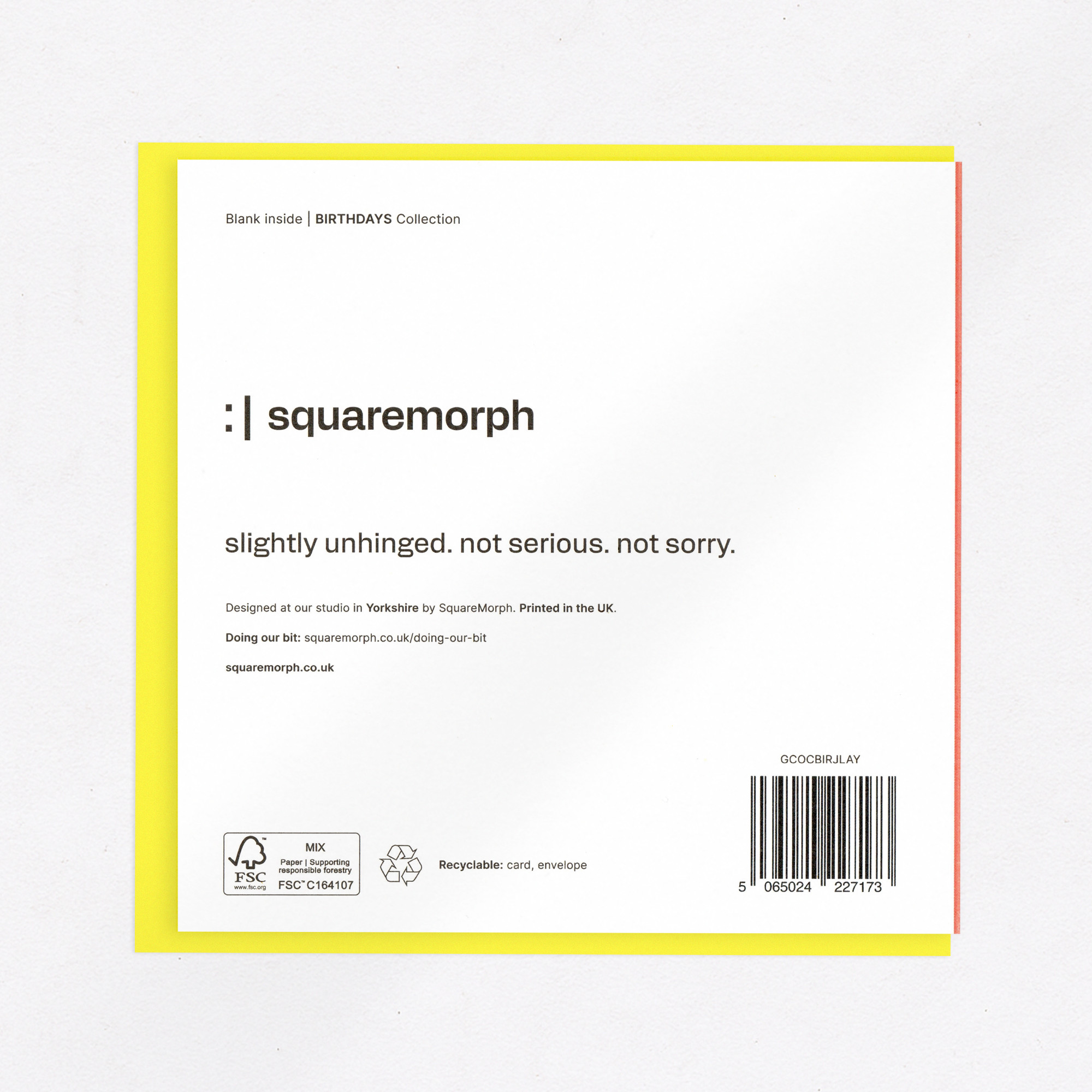 Never Too Old - Cheeky & Honest Birthday Card, the back of the card, showing the barcode and FSC mark.