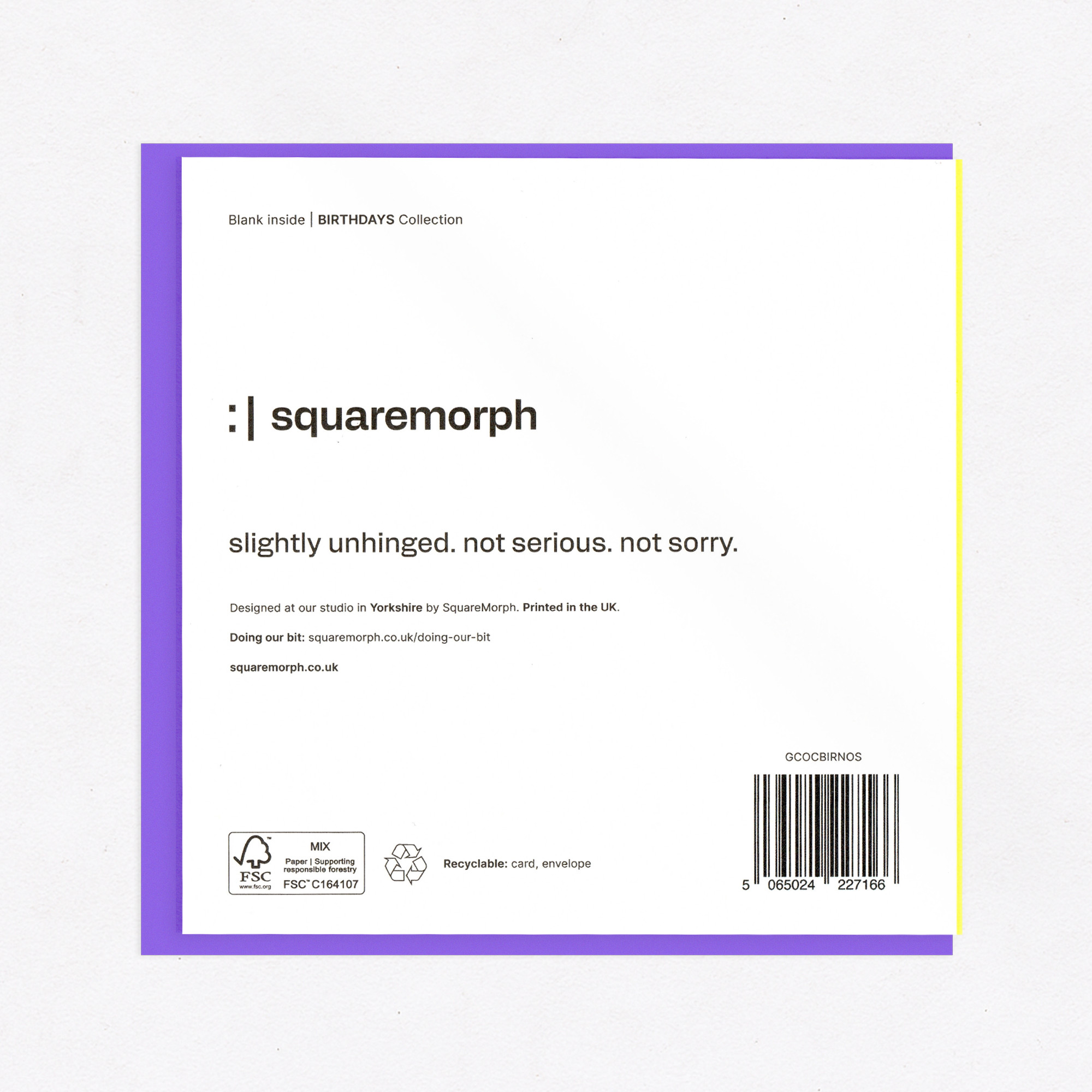 No Social Media Birthday Card - Funny & Relatable, the back of the card, showing the barcode and FSC mark.
