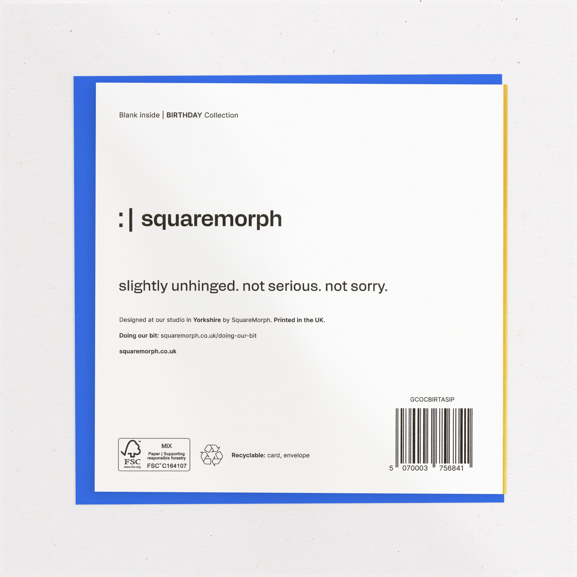 5 Minutes to Poo in Peace - Funny Card for Dads, the back of the card, showing the barcode and FSC mark.