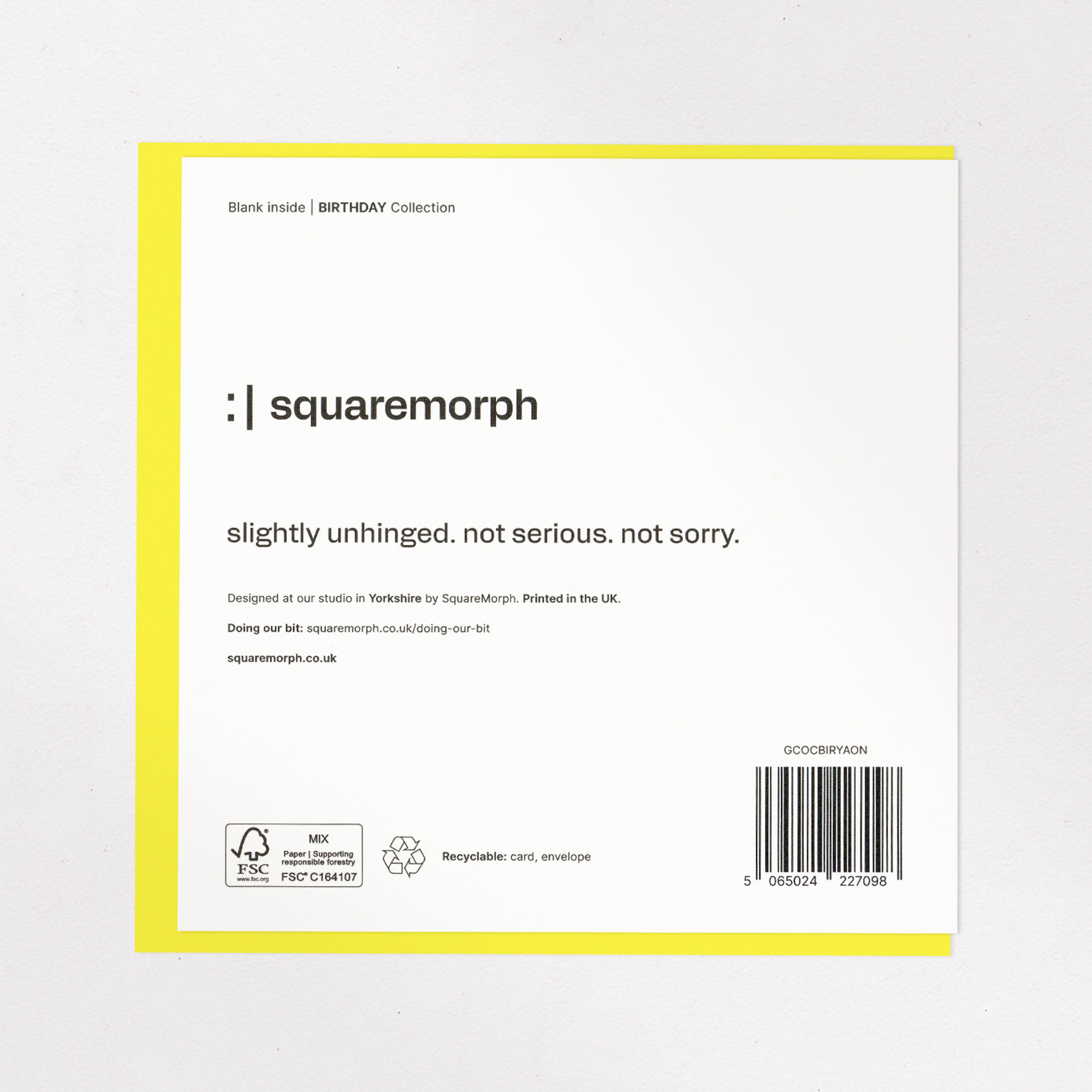 You're Actually Old Now - Funny Birthday Card, the back of the card, showing the barcode and FSC mark.
