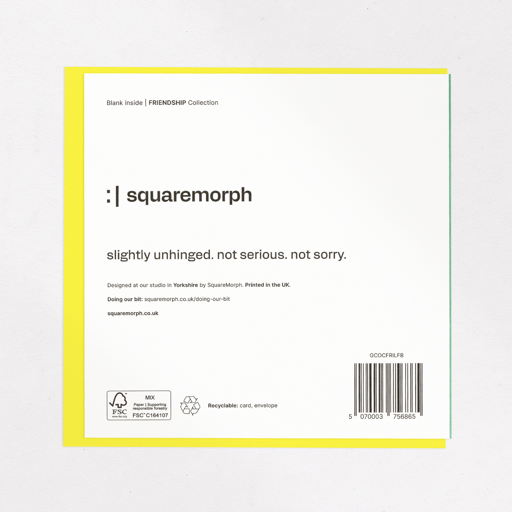 Life Can Be Brutal - Honest Card for Tough Times, the back of the card, showing the barcode and FSC mark.