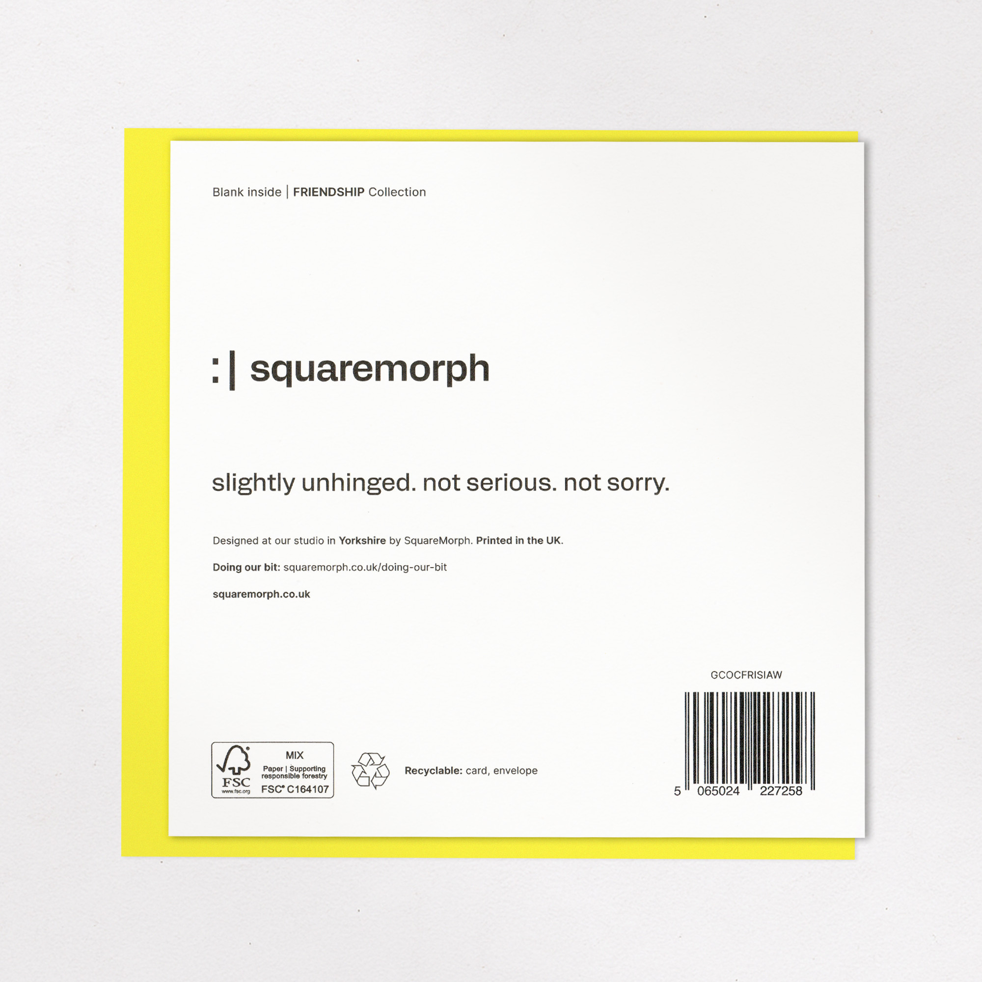 We Haven't Spoken in a While - Honest Friendship Card, the back of the card, showing the barcode and FSC mark.