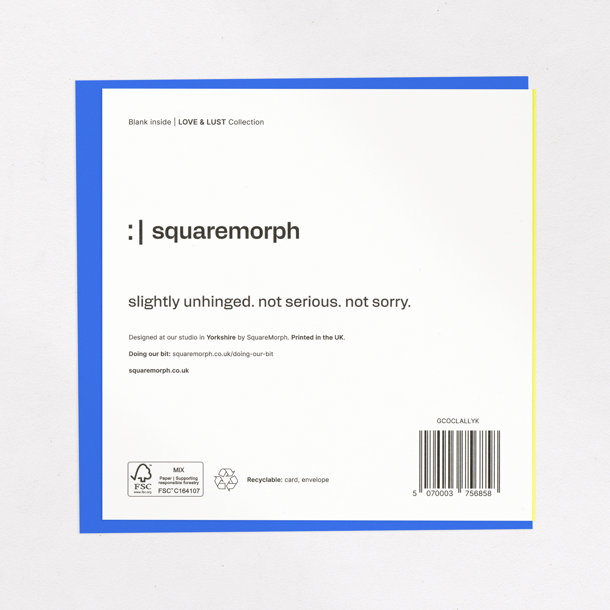 Six-Pack? Nah - Funny Card for Body Confidence, the back of the card, showing the barcode and FSC mark.