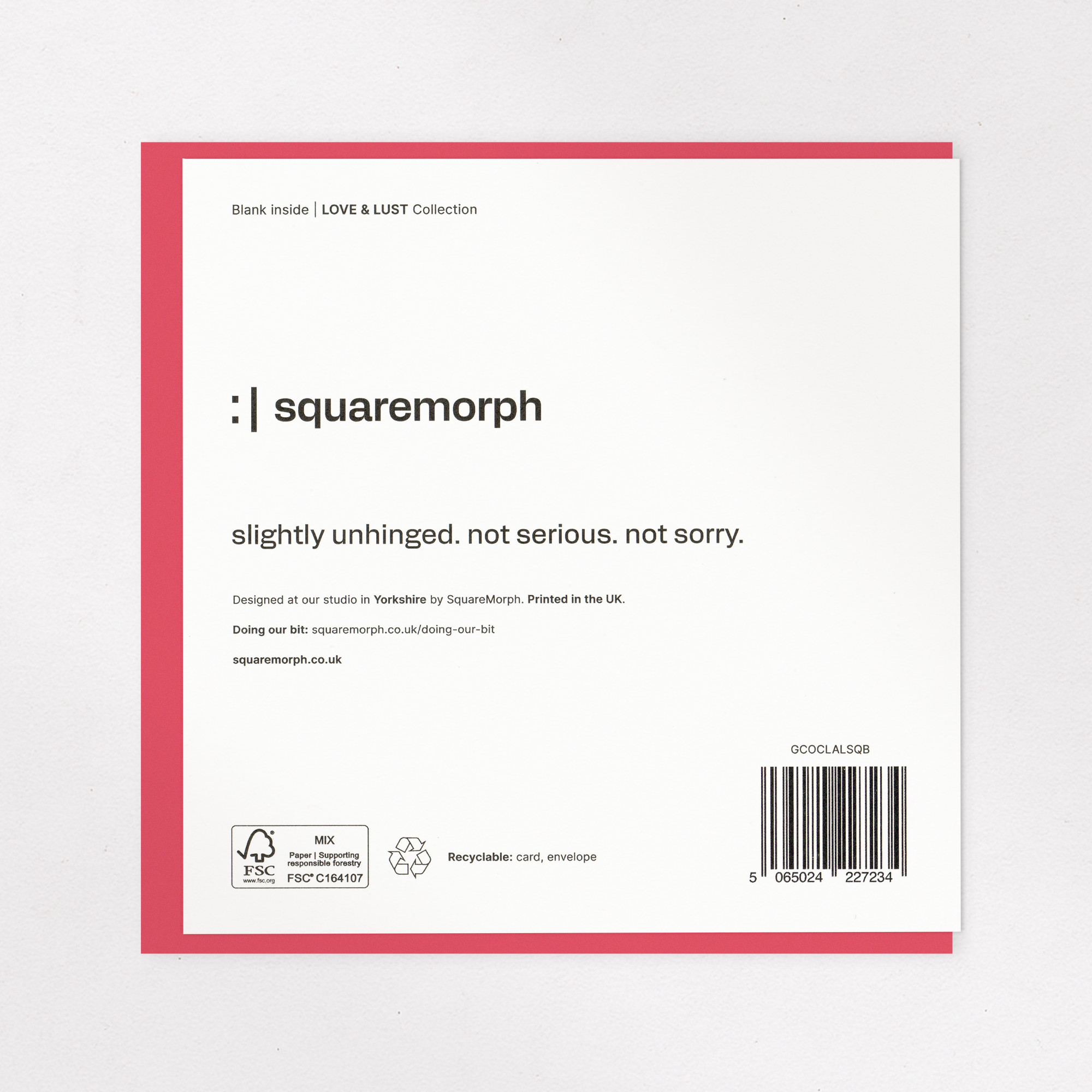 One Day I'll Stop Squeezing Your Bum - Funny Love Card, the back of the card, showing the barcode and FSC mark.