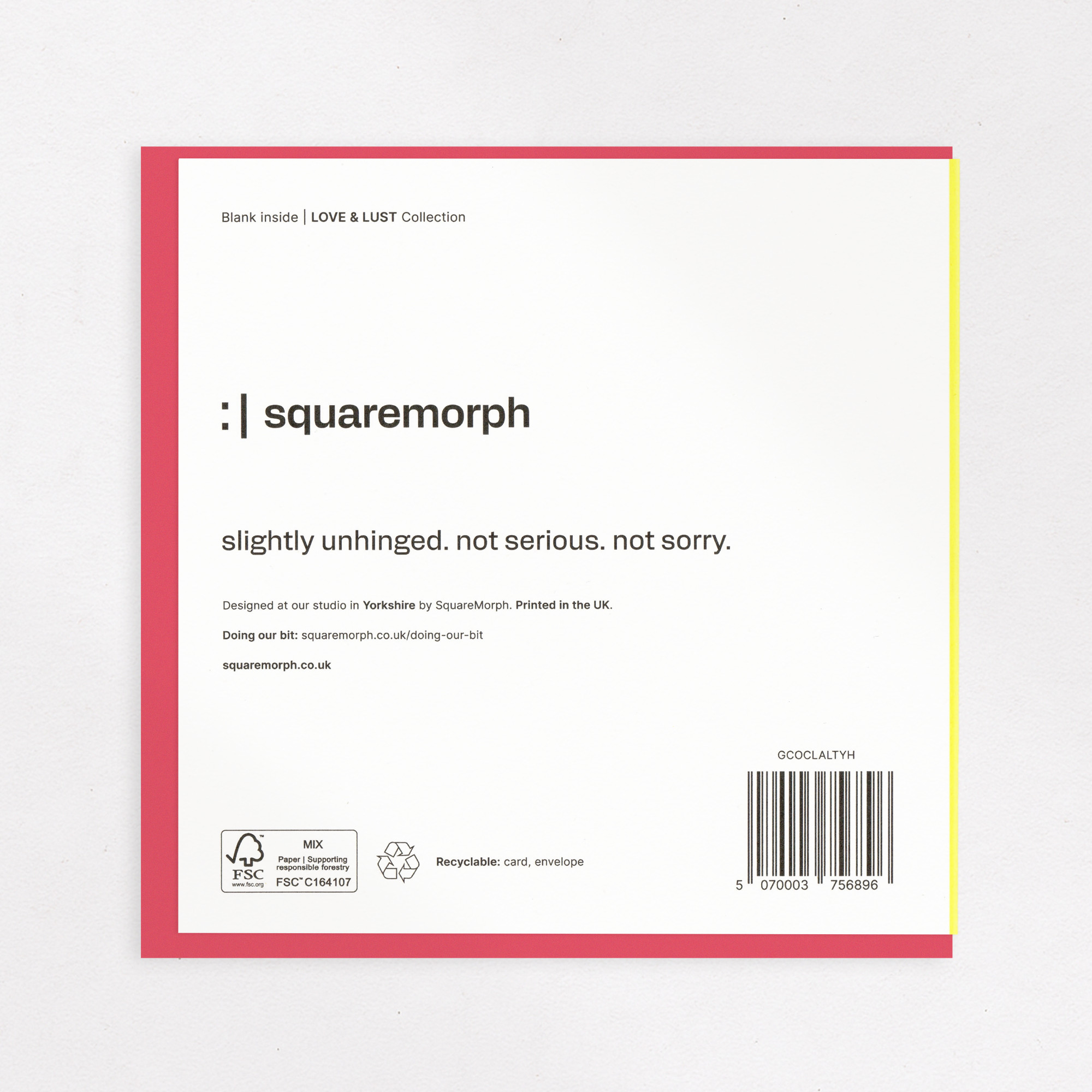 Just Wanted to Say… I Think You're Hot, the back of the card, showing the barcode and FSC mark.