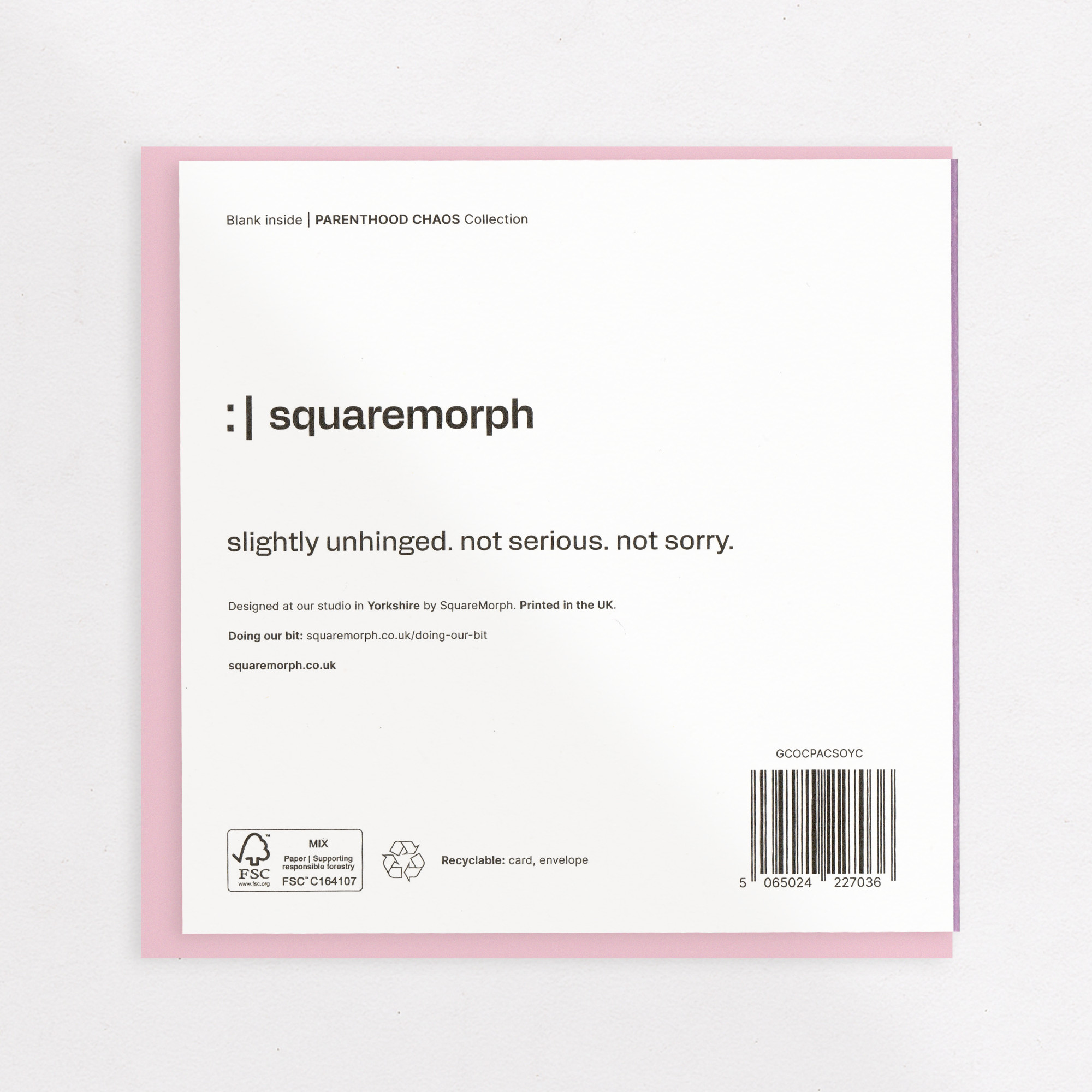 Cuddles and Snot - Funny Card for Mum, the back of the card, showing the barcode and FSC mark.