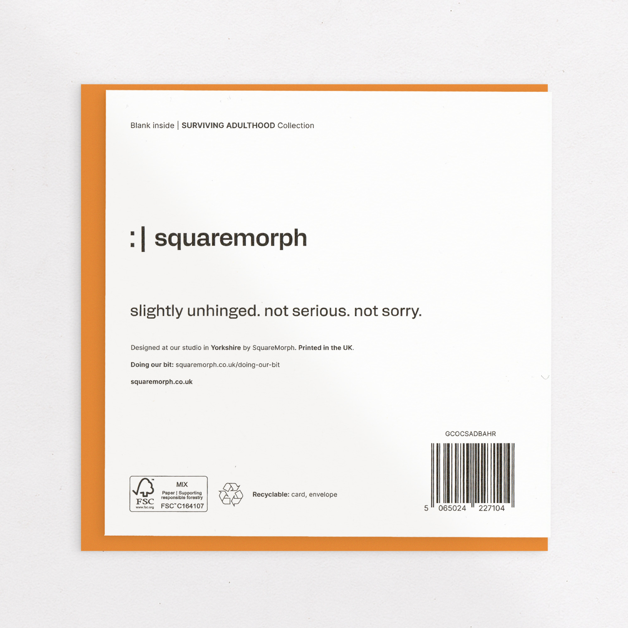 Work Hard, Save Up, Buy a House… Rofl - Relatable Adulthood Card, the back of the card, showing the barcode and FSC mark.