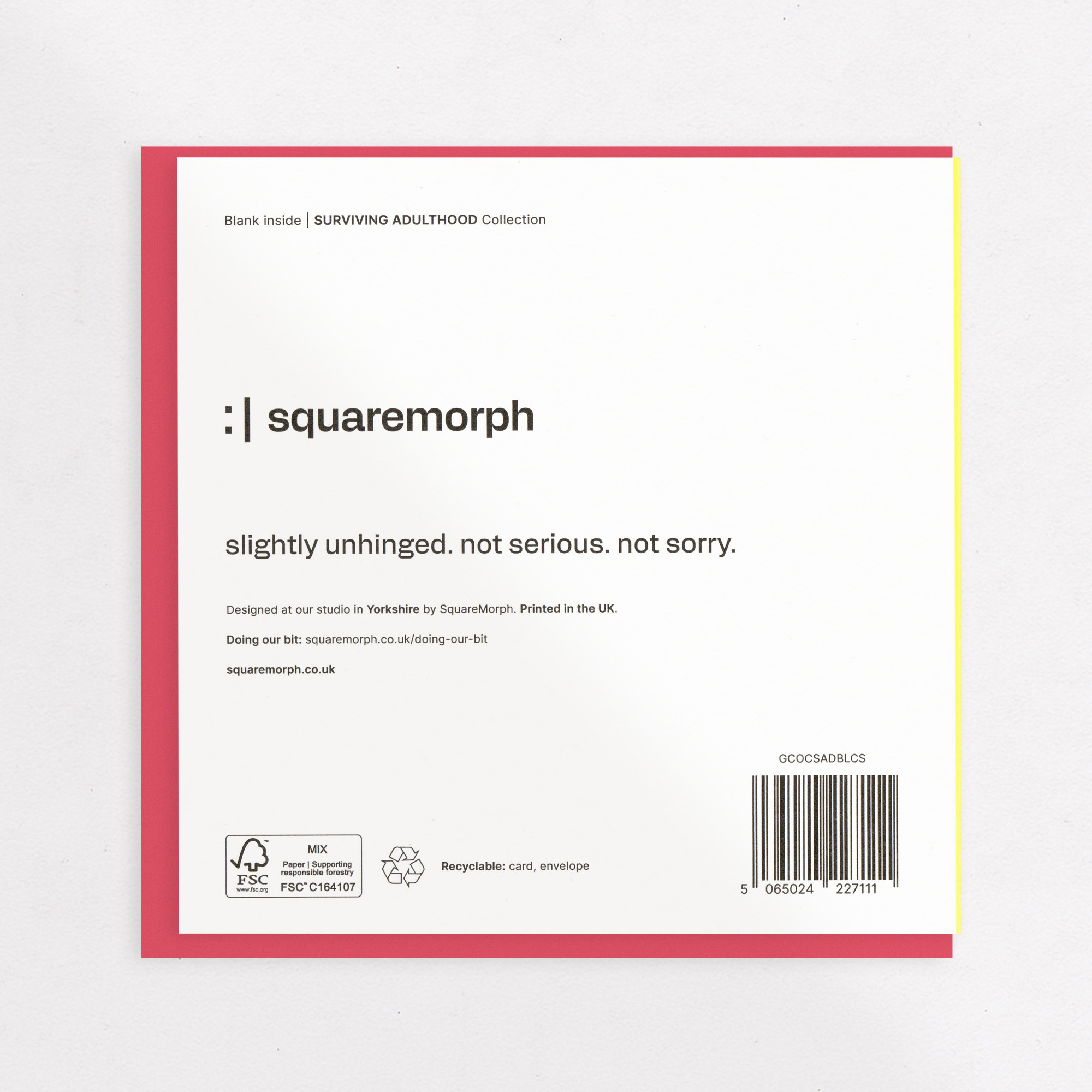 Bad Life Choices - Funny Friendship Card, the back of the card, showing the barcode and FSC mark.