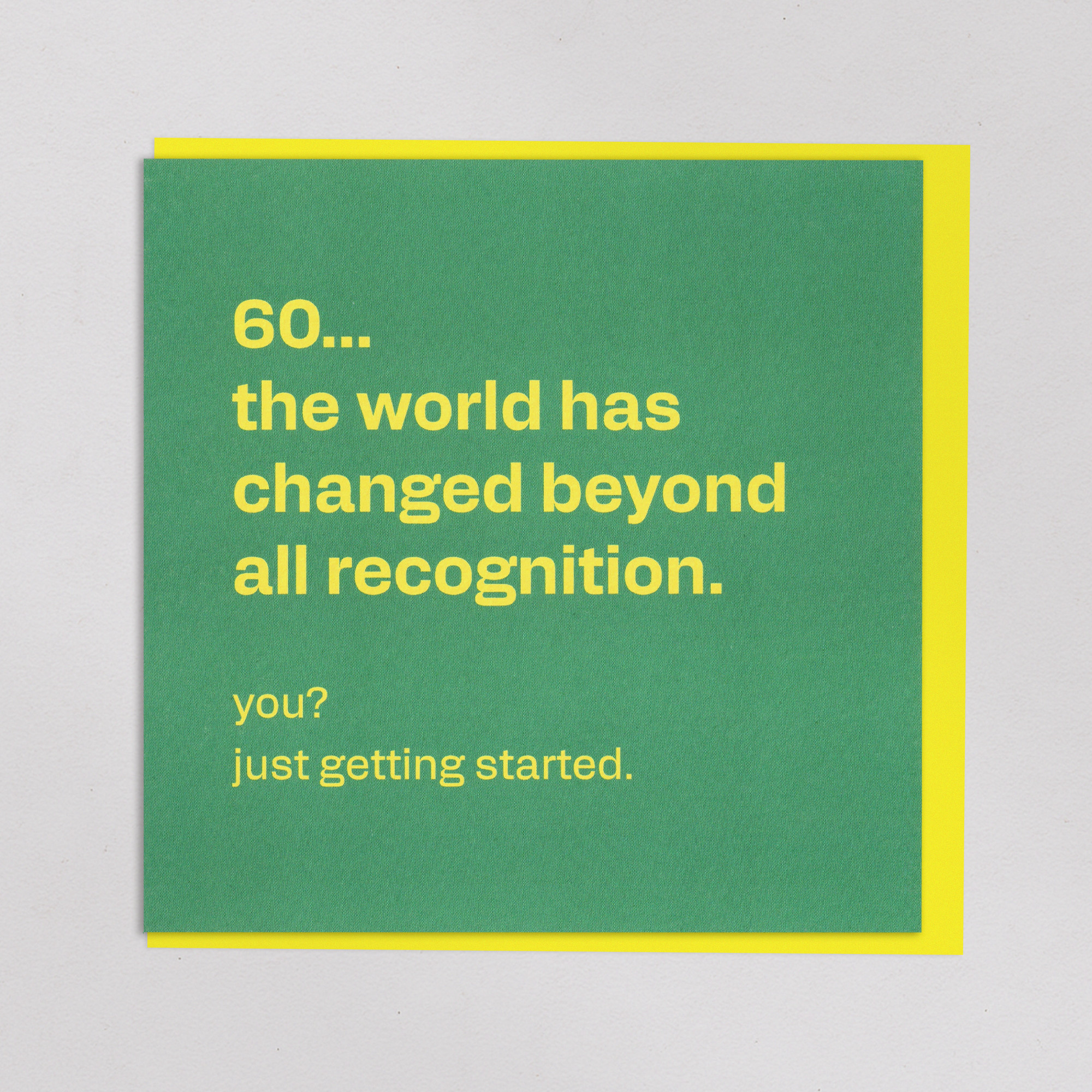 Funny 60th Birthday Card - Just Getting Started, the front of the card, photographed straight on.