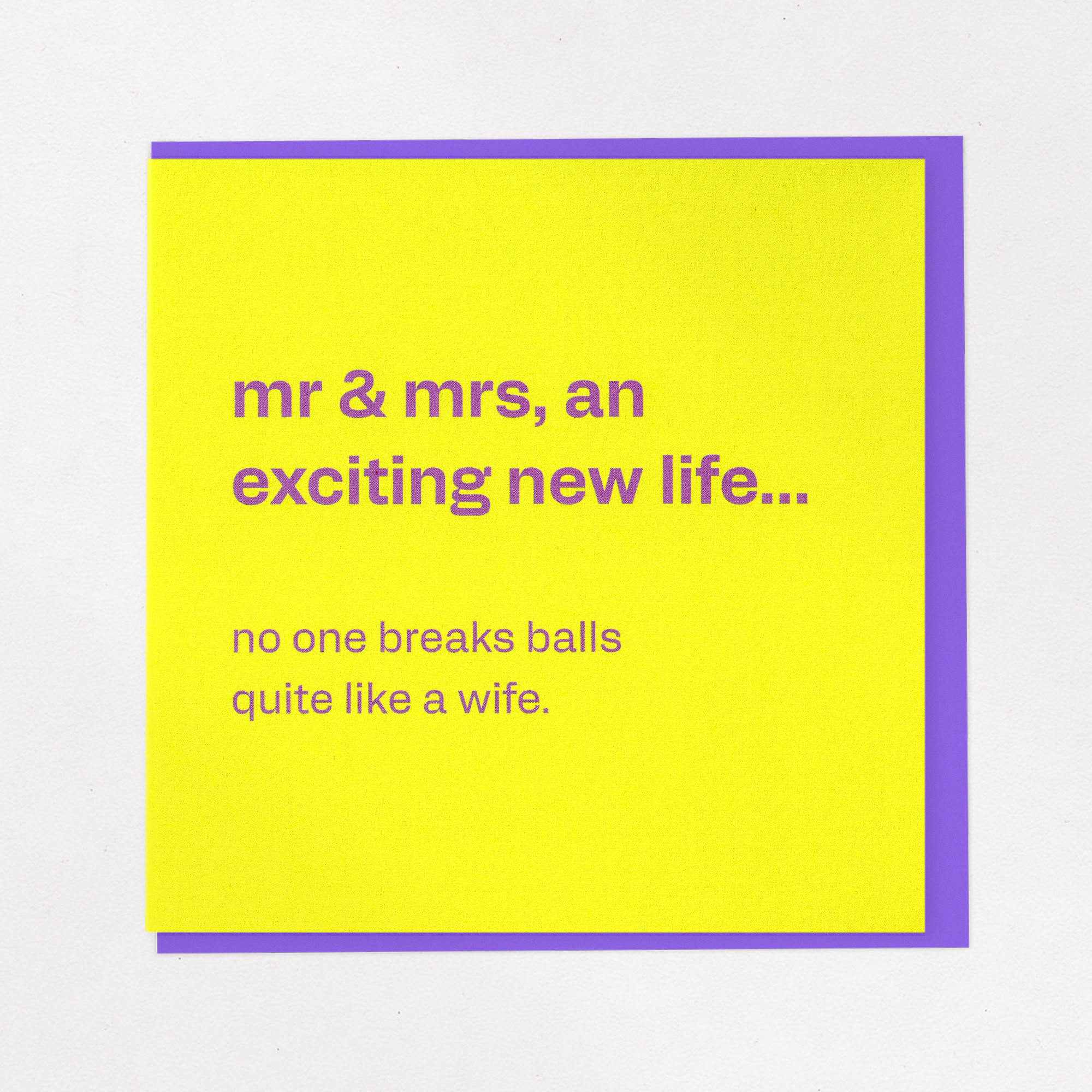 Mr & Mrs Wedding Card - Funny Congrats for Couples, the front of the card, photographed straight on.