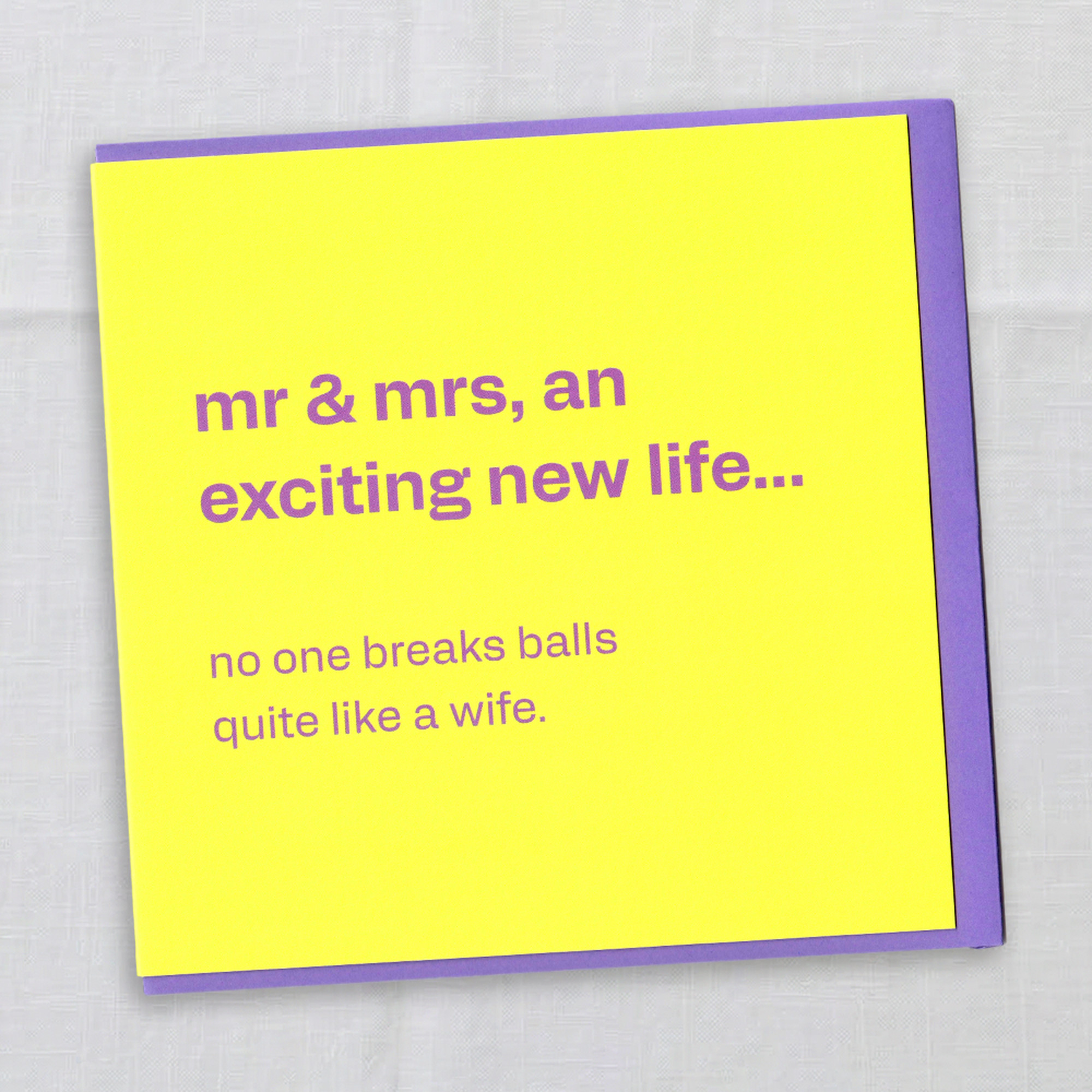 Mr & Mrs Wedding Card - Funny Congrats for Couples, in a real setting.